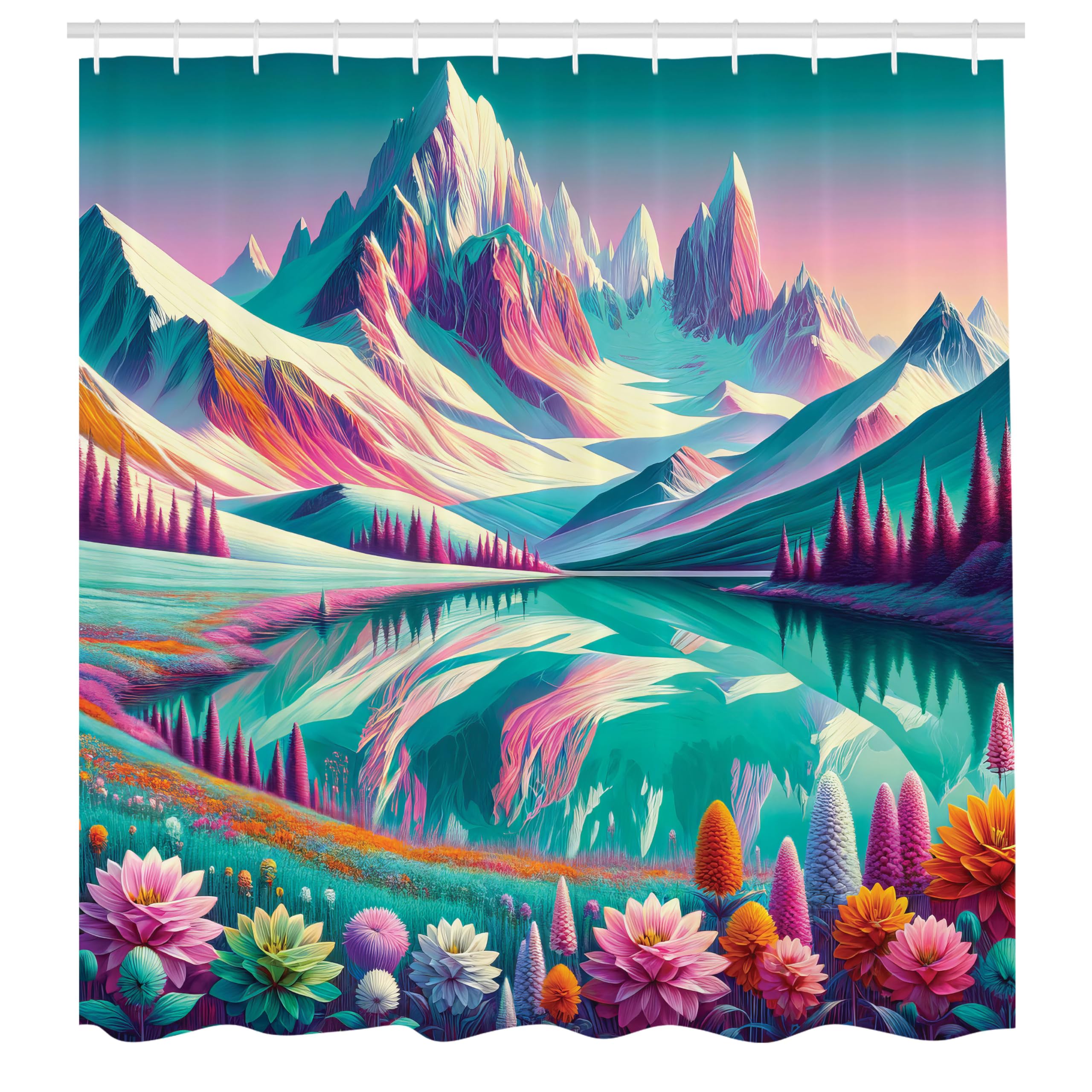 Ambesonne Lake Shower Curtain, Dreamland Illustration Of Fantasy Tones Flowery Meadow And Mountain Scene, Cloth Fabric Bathroom